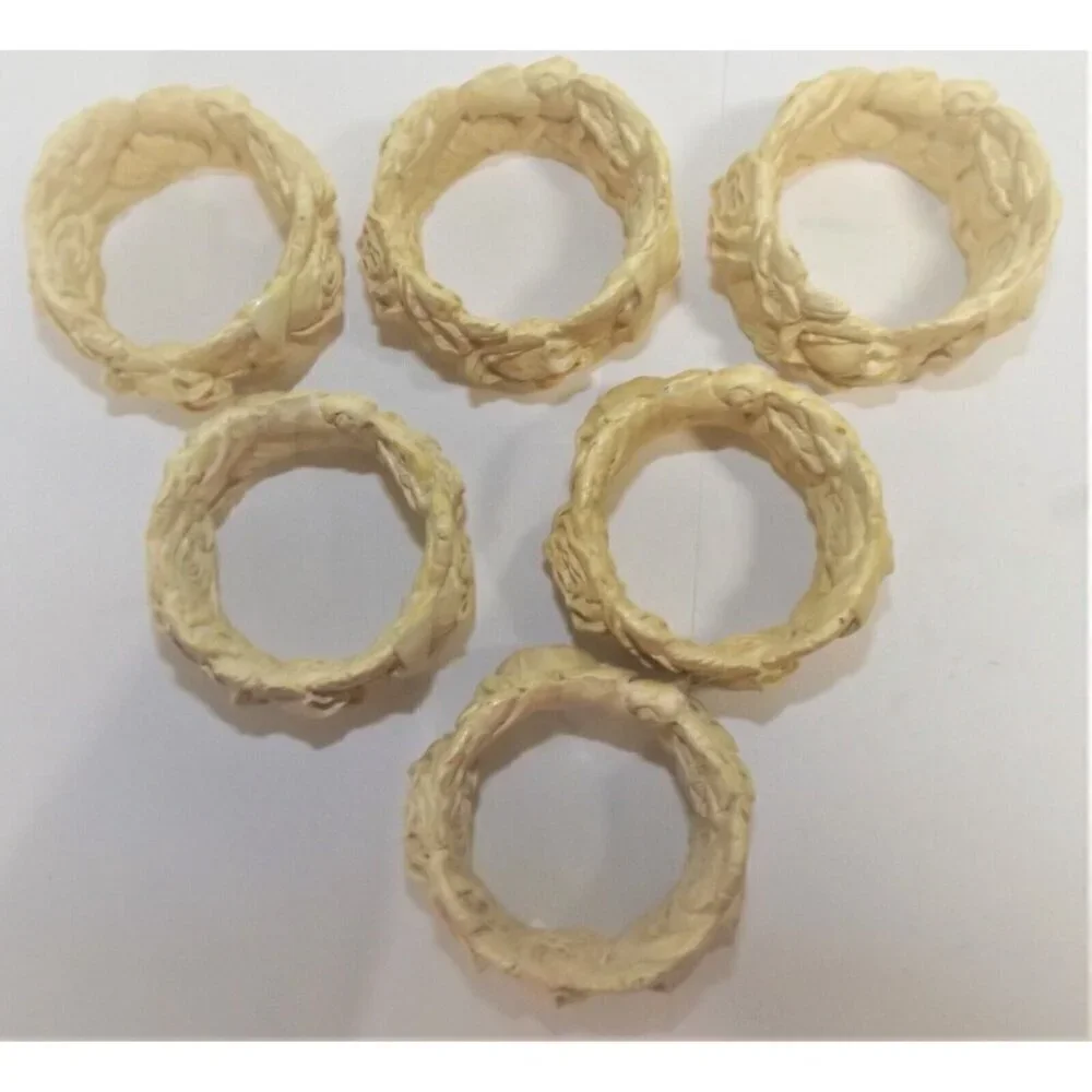 Set of 6 beige carved roses floral napkin rings